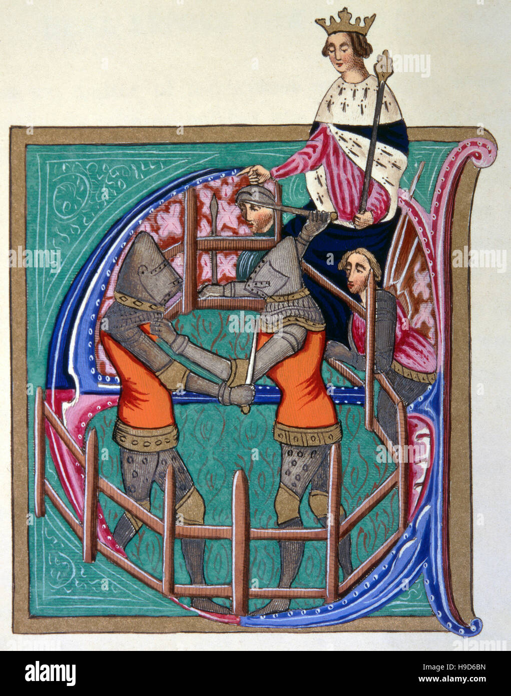 Miniatura del siglo XIV, Duelo en campos cerrados entre Inglés caballero acusado de traición y un caballero francés ante Richard 2 Foto de stock