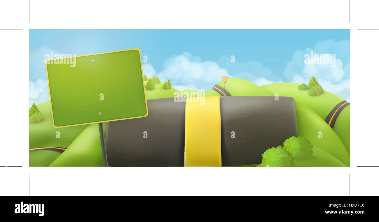 Carretera y firmar, dibujos animados en 3D, la naturaleza del paisaje de fondo vector, campo panorama Imagen Vector de stock - Alamy Carretera y firmar, dibujos animados en 3D, la naturaleza del paisaje de fondo vector, campo panorama Imagen Vector de stock - Alamy