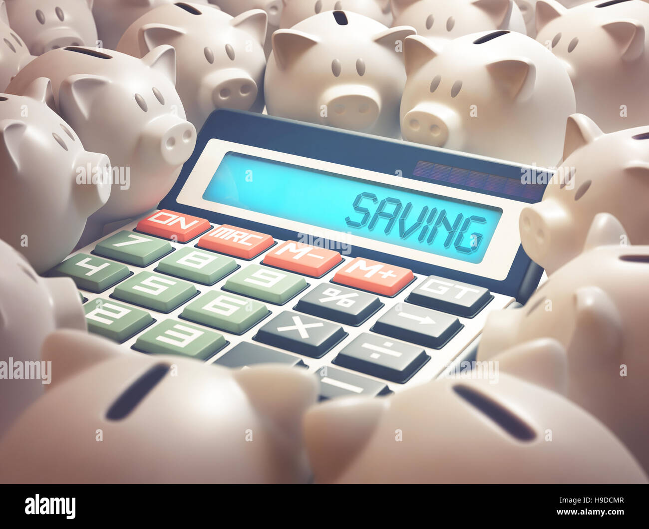 Calculadora en medio de varios hucha mostrando en la pantalla la palabra 'Saving'. Ilustración 3D, negocios y finanzas concepto. Foto de stock