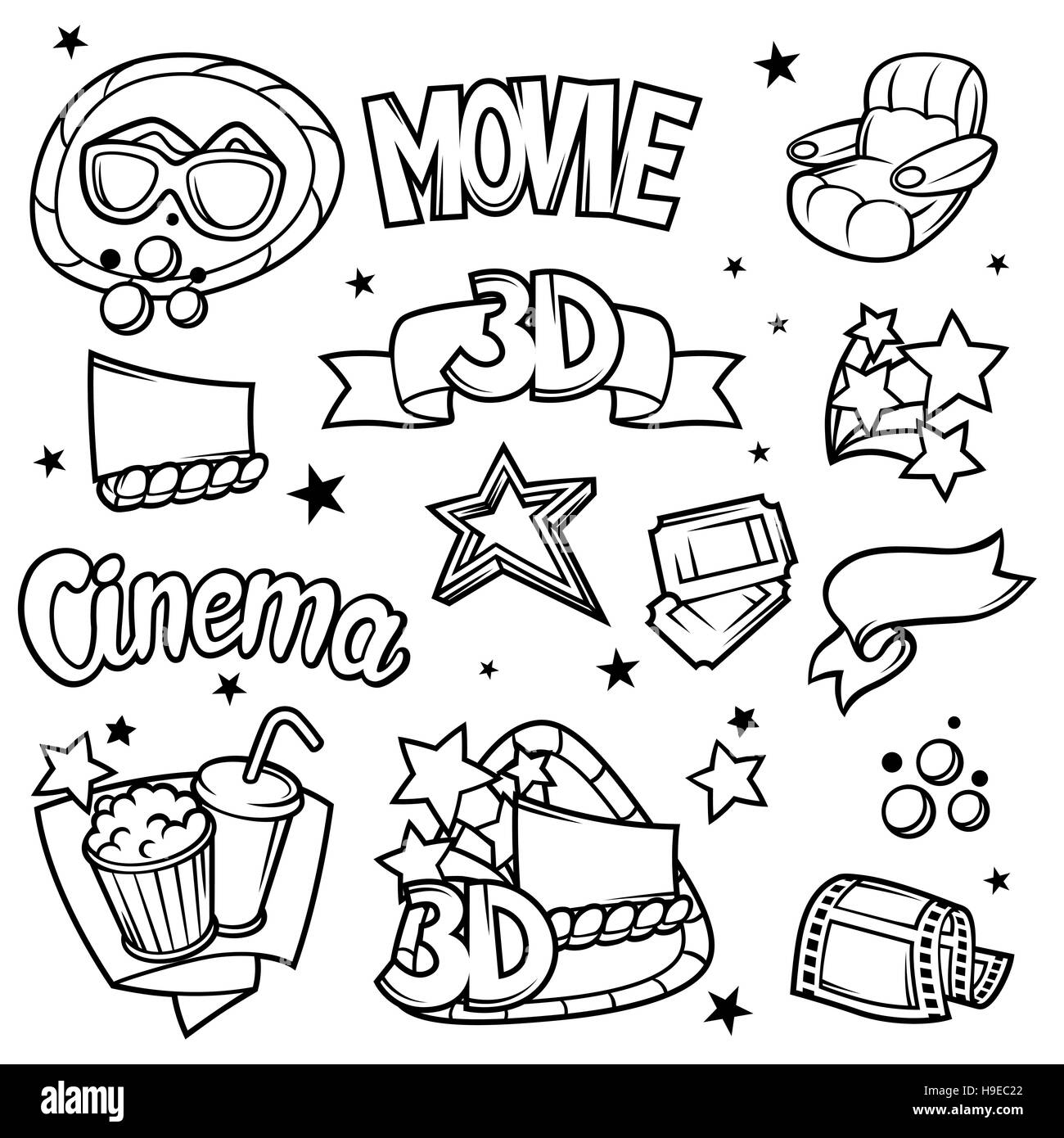 Conjunto de elementos de diseño de la película 3D Cine y objetos de estilo  de dibujos animados Imagen Vector de stock - Alamy