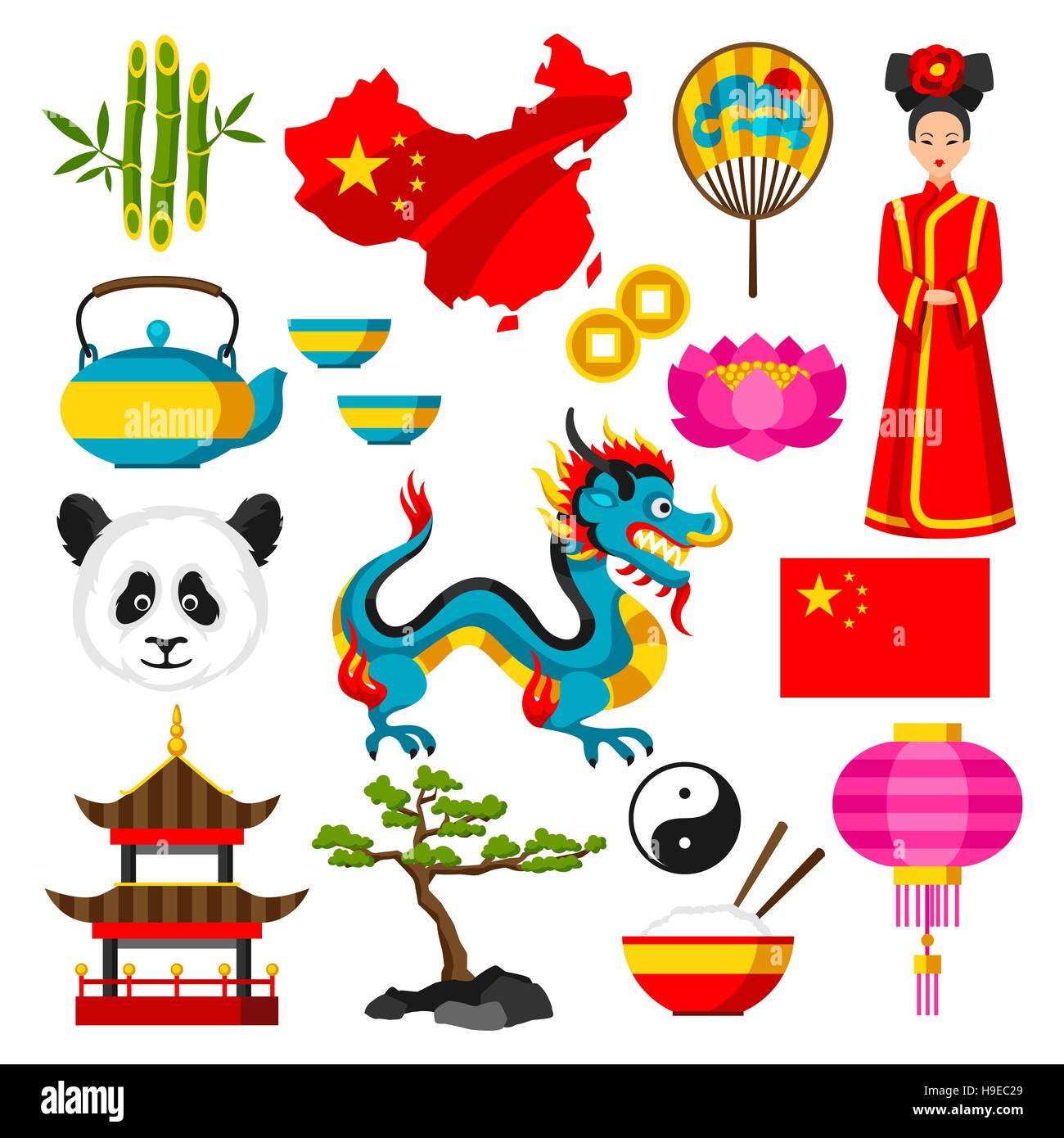 Iconos de China. Símbolos chinos y objetos Imagen Vector de stock - Alamy