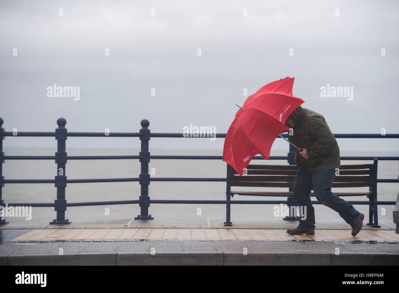 Un hombre batallas fuertes vientos con una sombrilla roja durante la tormenta Angus en Porthcawl, Gales del Sur, Reino Unido. Foto de stock