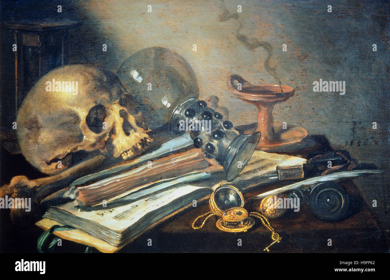 Pieter Claesz Vanitas: bodegón con un cráneo y un jarrón Foto de stock