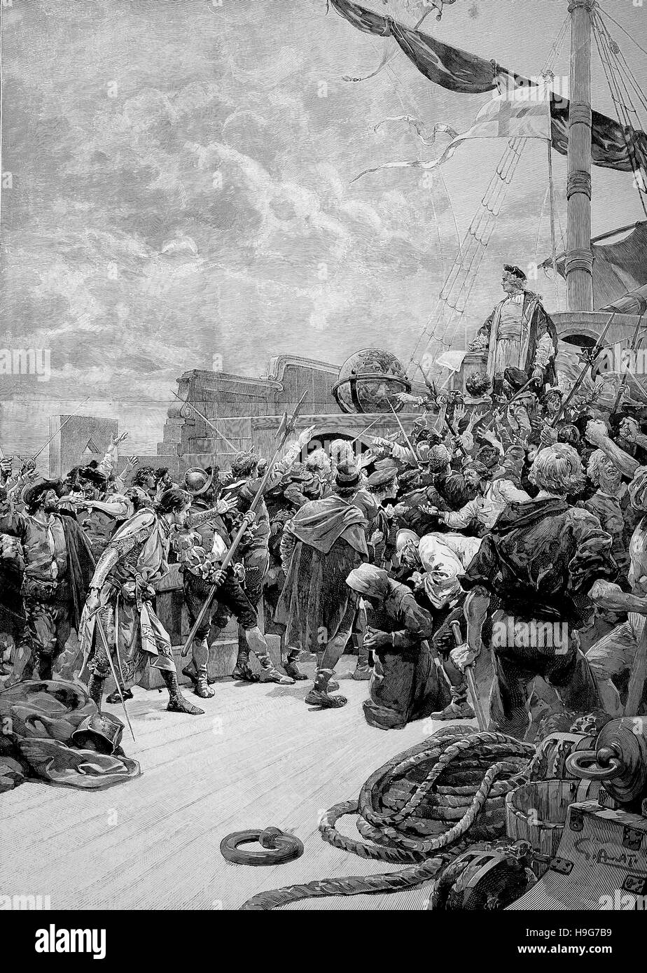 Cristóbal Colón, 1451 - el 20 de mayo de 1506, fue un explorador italiano, Navigator, colonizador. Aquí el motín a bordo de su barco Foto de stock