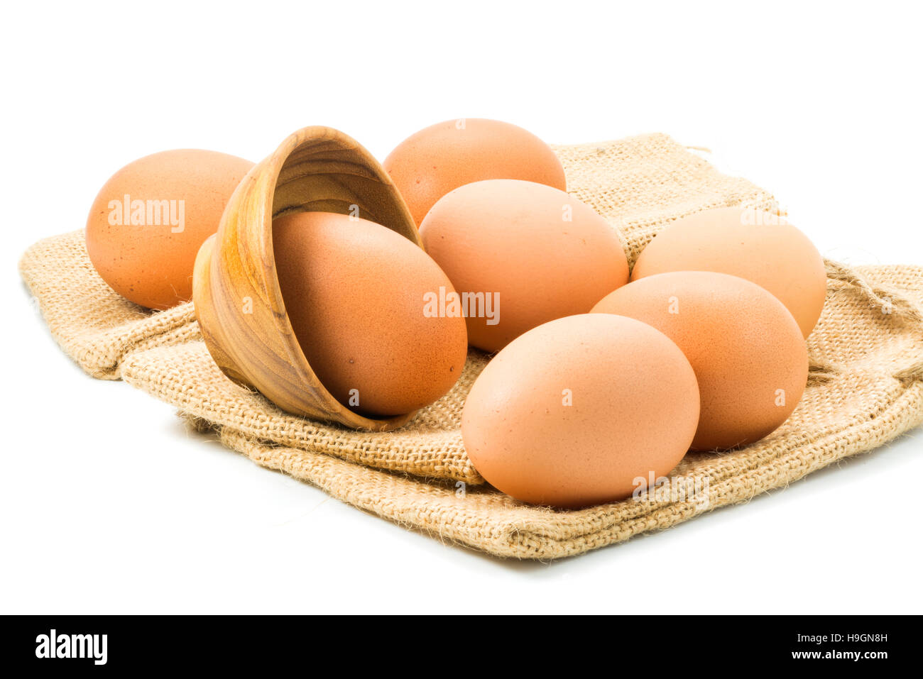 Huevos de gallina y cilicio sobre fondo blanco. Foto de stock