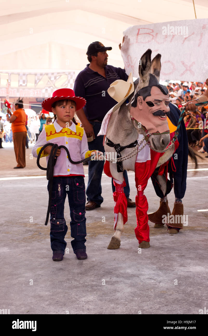 Burro con Vicente Fox (ex presidente de México) máscara durante el burro Fair (Feria del burro en Otumba, México Foto de stock