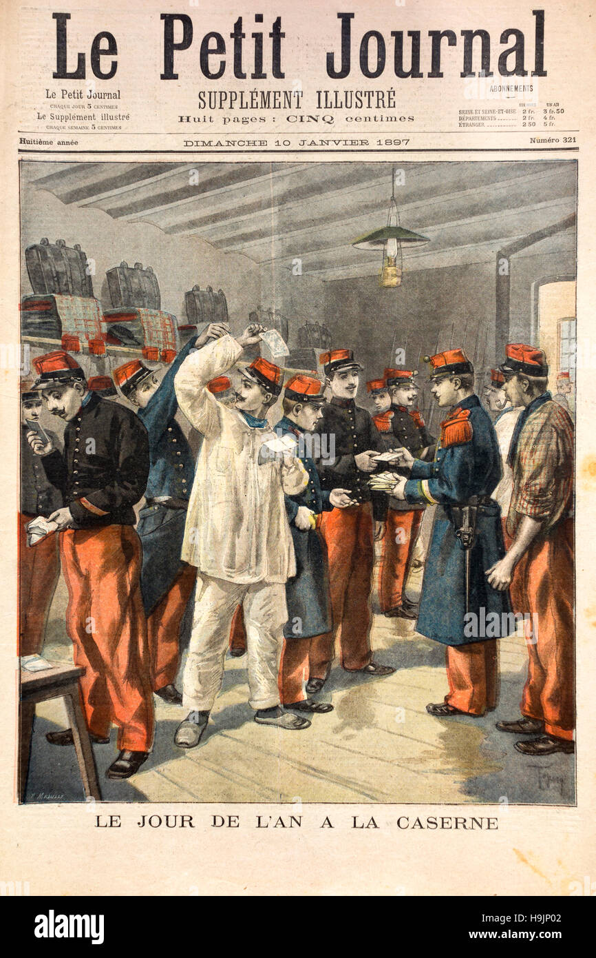 El día de Año Nuevo en los cuarteles; Le Petit Journal suplemento muestra soldados franceses reciben tarjetas del día del año nuevo, enero de 1897 Foto de stock