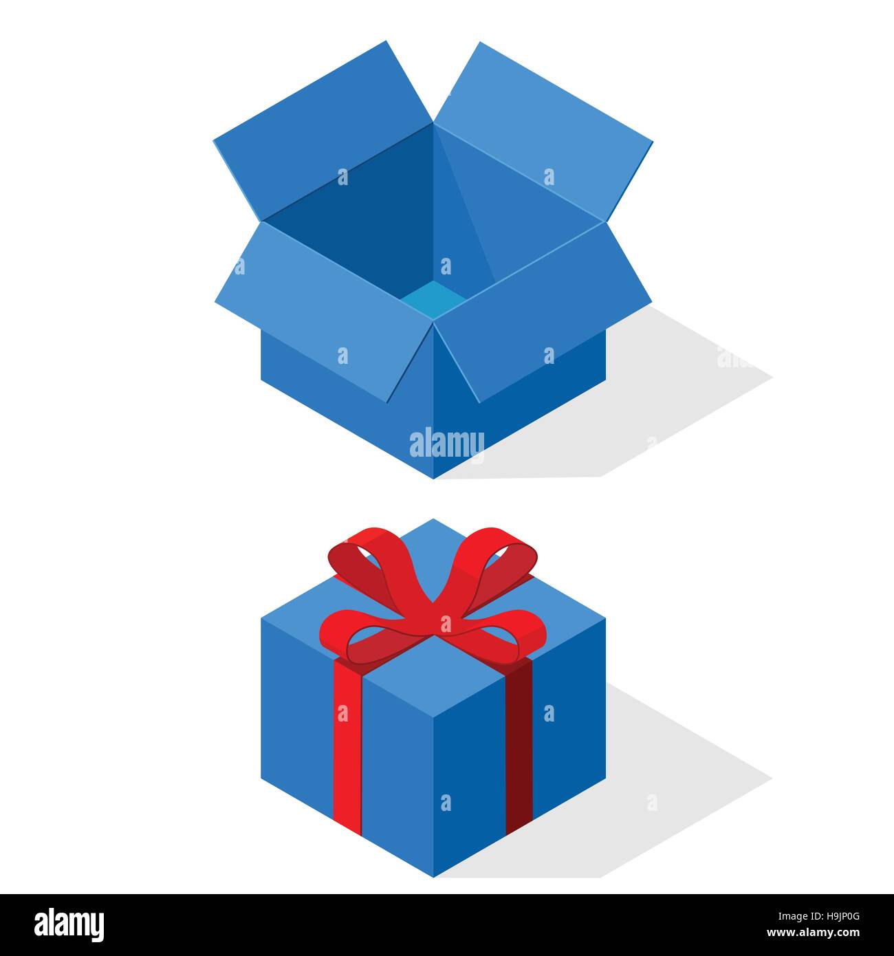 Cajas de Regalo azul. Abierto y cerrado. Cinta roja y arco Imagen Vector de  stock - Alamy