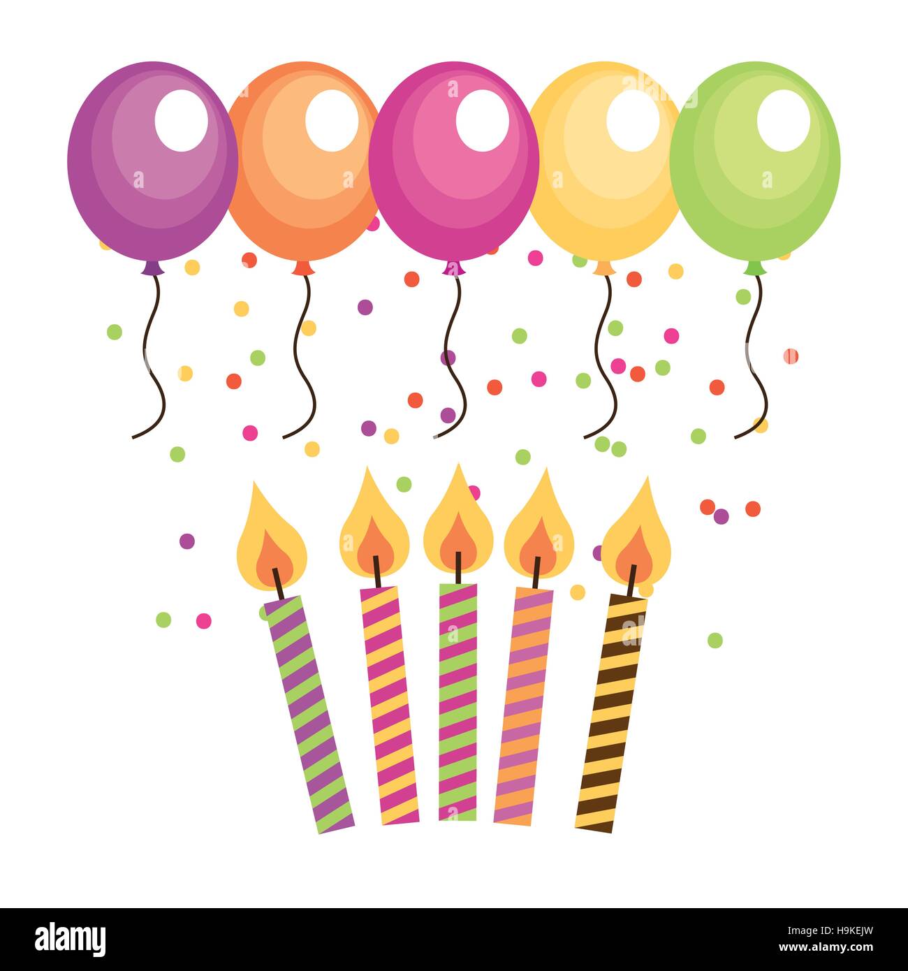 Tarjeta de Feliz cumpleaños con globos y velas sobre fondo blanco.  ilustración vectorial diseño colorista Imagen Vector de stock - Alamy