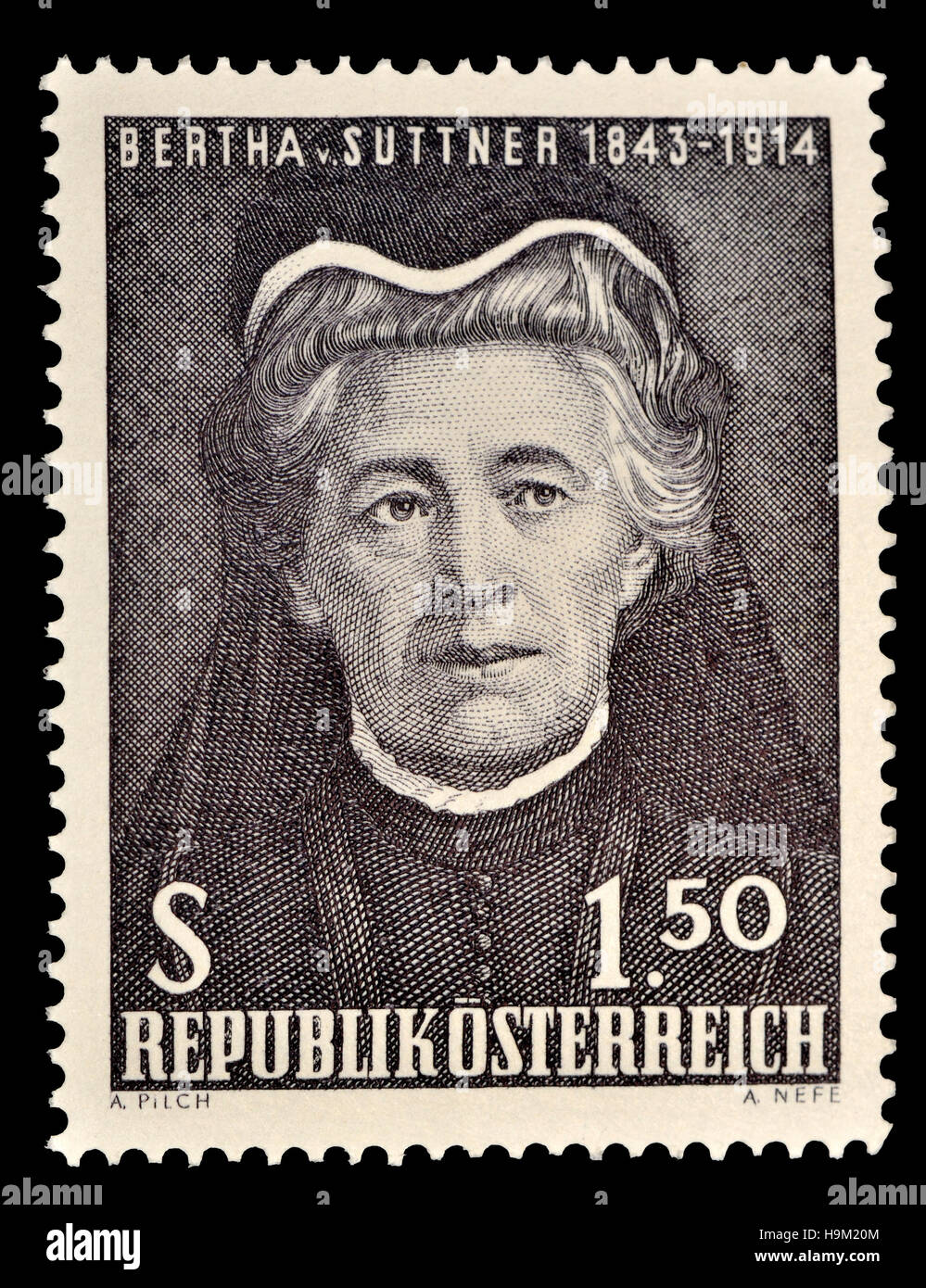 Sello austriaco (1965) : Sophie Felicitas Freifrau Bertha von Suttner (1843-1914) Checo / Austria novelista y pacifista. Foto de stock