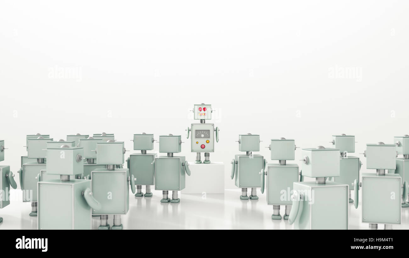 Grupo de robots mirando líder, 3D rendering Foto de stock
