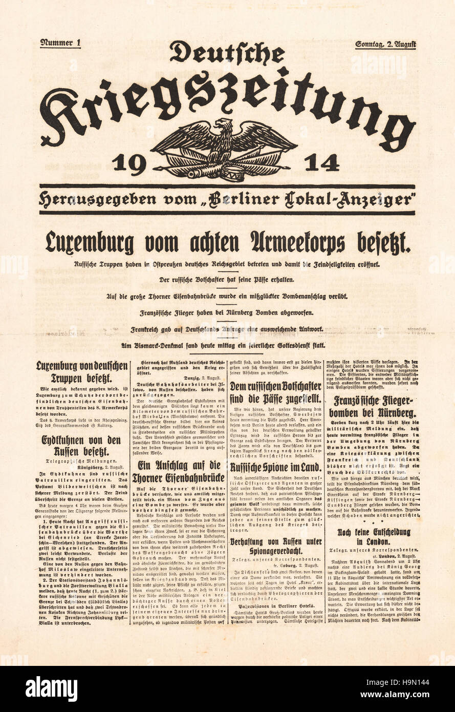 1914 Berliner Lokal-Anzeiger página frontal fuerzas alemanas ocupan Luxemburgo Foto de stock
