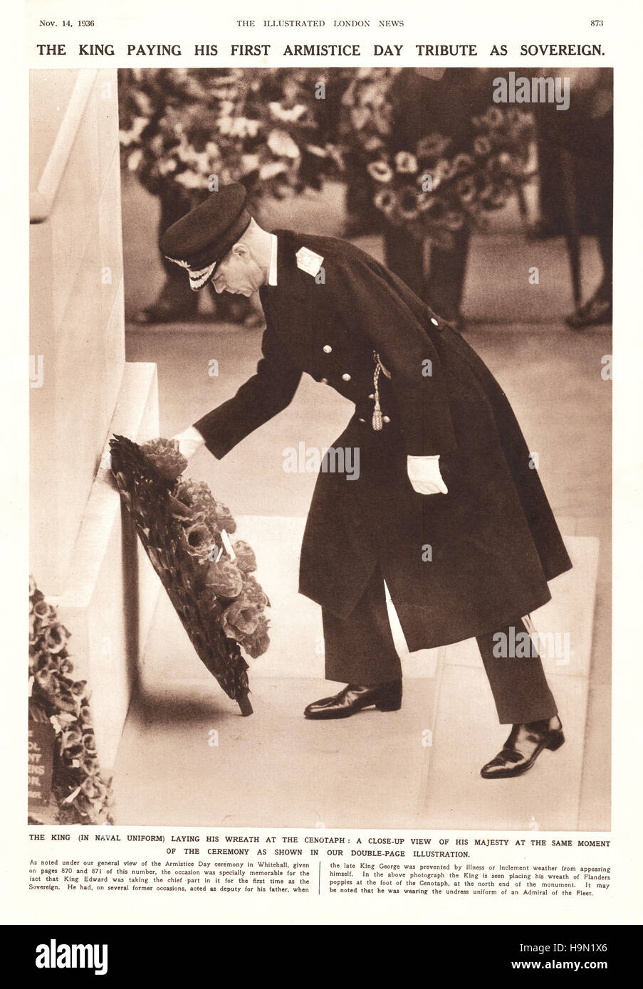 1936 Illustrated London News Página 873 el Rey Eduardo VIII establece ofrenda floral en el cenotafio Foto de stock