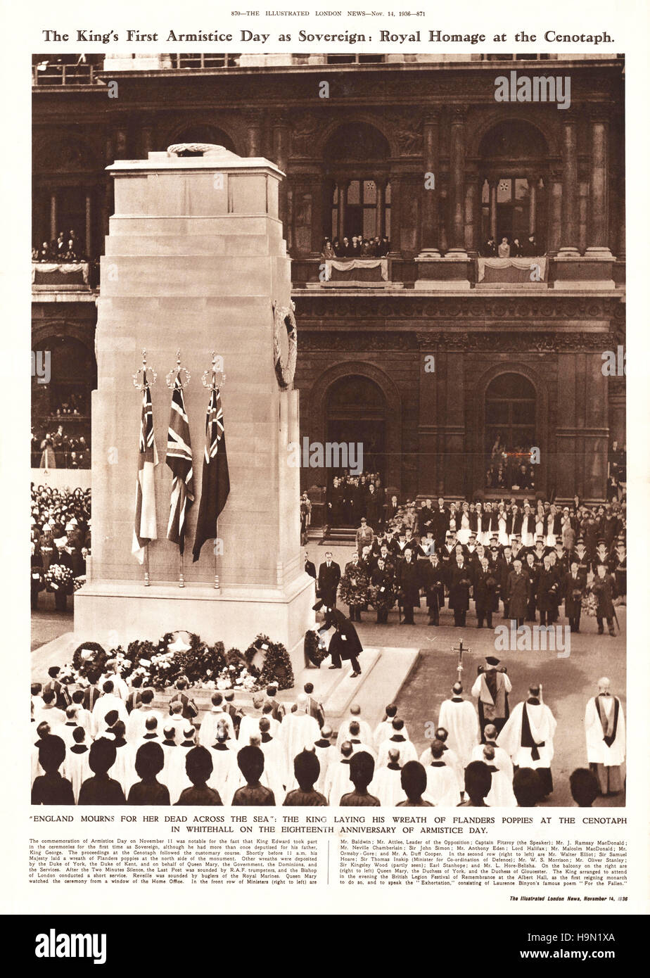 1936 Illustrated London News página 870-871 King Edward VIII establece ofrenda floral en el cenotafio Foto de stock