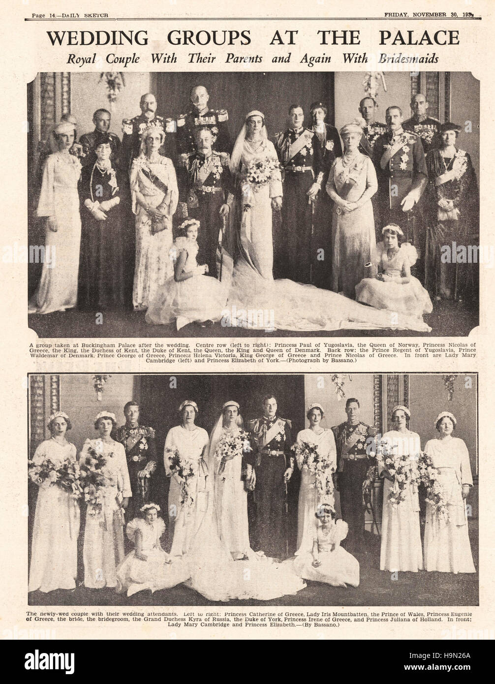 1934 Daily Sketch página 14 Boda de Prince George y la Princesa Marina de Grecia Foto de stock