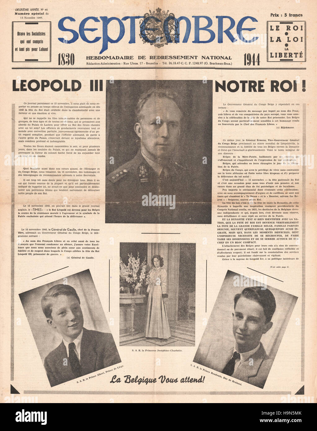 1946 Septiembre (Bélgica) el rey Leopoldo III, nuestro rey Foto de stock