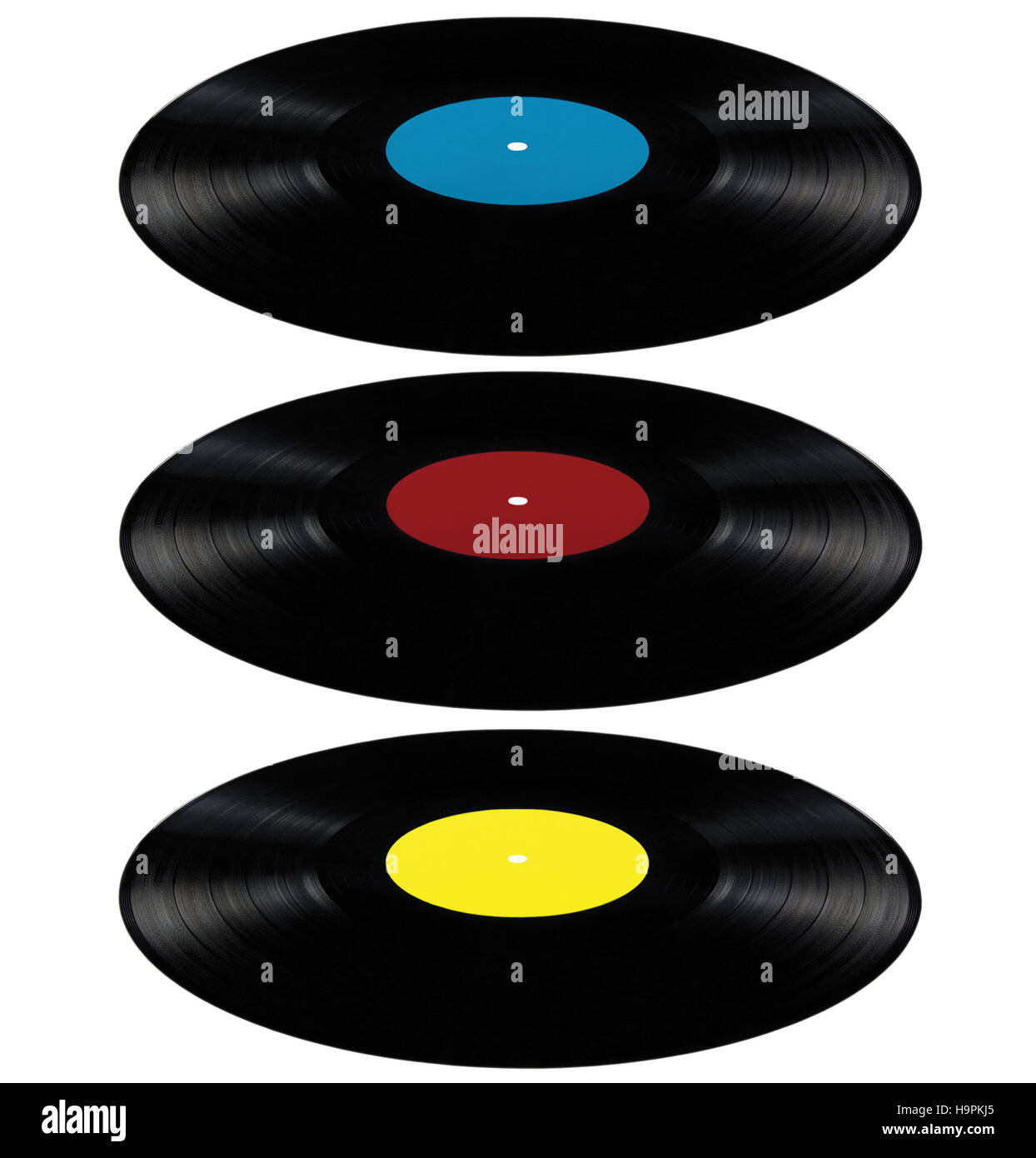 Disco de vinilo negro álbum lp discos; aislados discos long play con  etiqueta vacía en cian azul, rojo, amarillo perspectiva Fotografía de stock  - Alamy