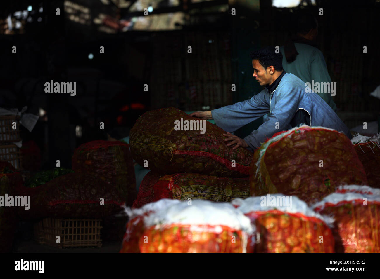 (161124) -- EL CAIRO, 24 de noviembre, 2016 (Xinhua) -- un proveedor organiza verduras en mercado Obour en El Cairo, capital de Egipto, el 19 de noviembre del 2016. Situado en las afueras al norte de El Cairo, Obour mayorista de frutas y hortalizas del mercado fue una vez el más transitado depot en Egipto, hasta que la recesión económica comenzó a golpear cada rincón de ella. (Xinhua/Ahmed Gomaa) Foto de stock