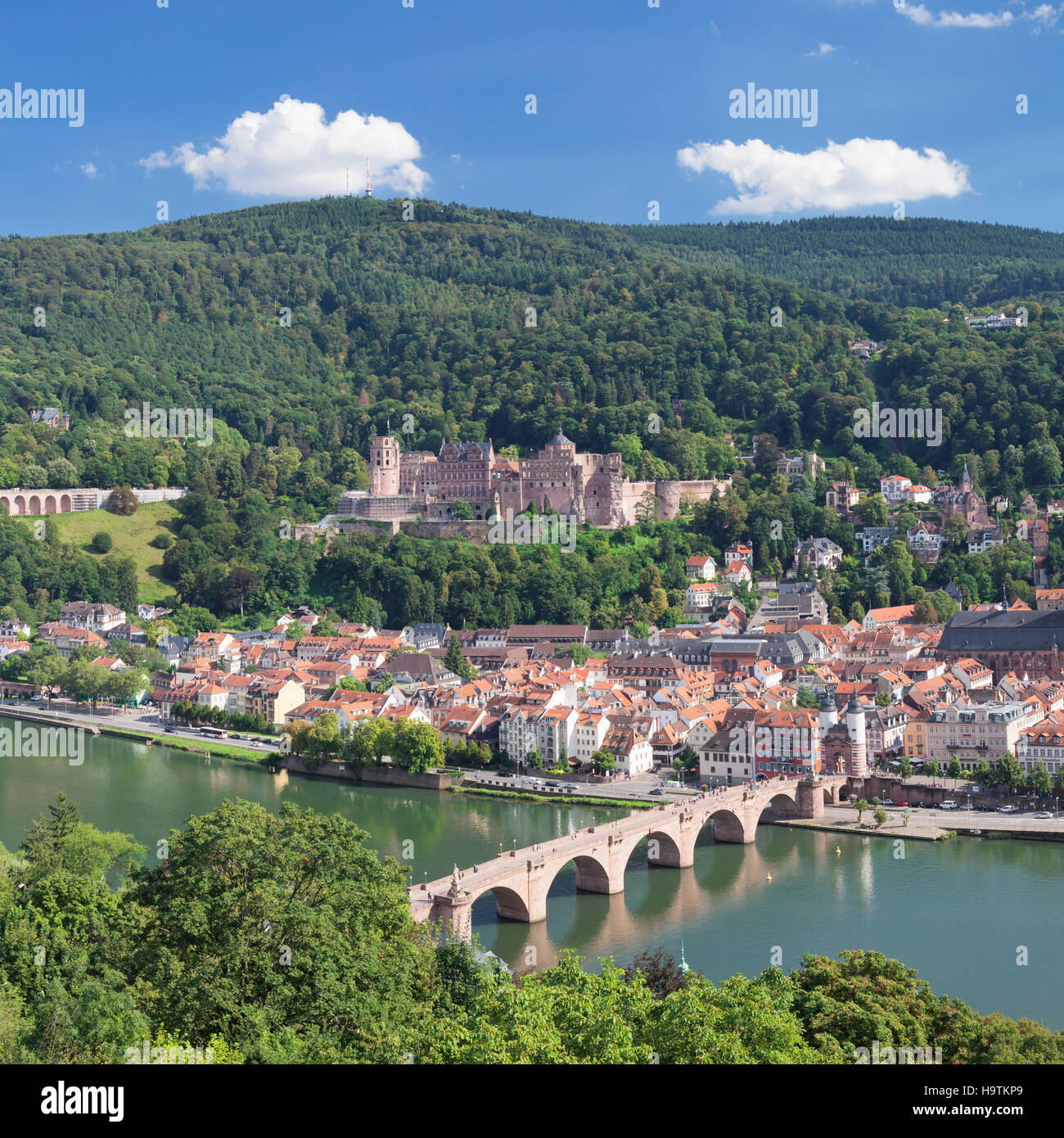 Vista del centro histórico con Karl Theodor Bridge, gate y castillo del Paseo del filósofo en Heidelberg, Baden-Württemberg Foto de stock
