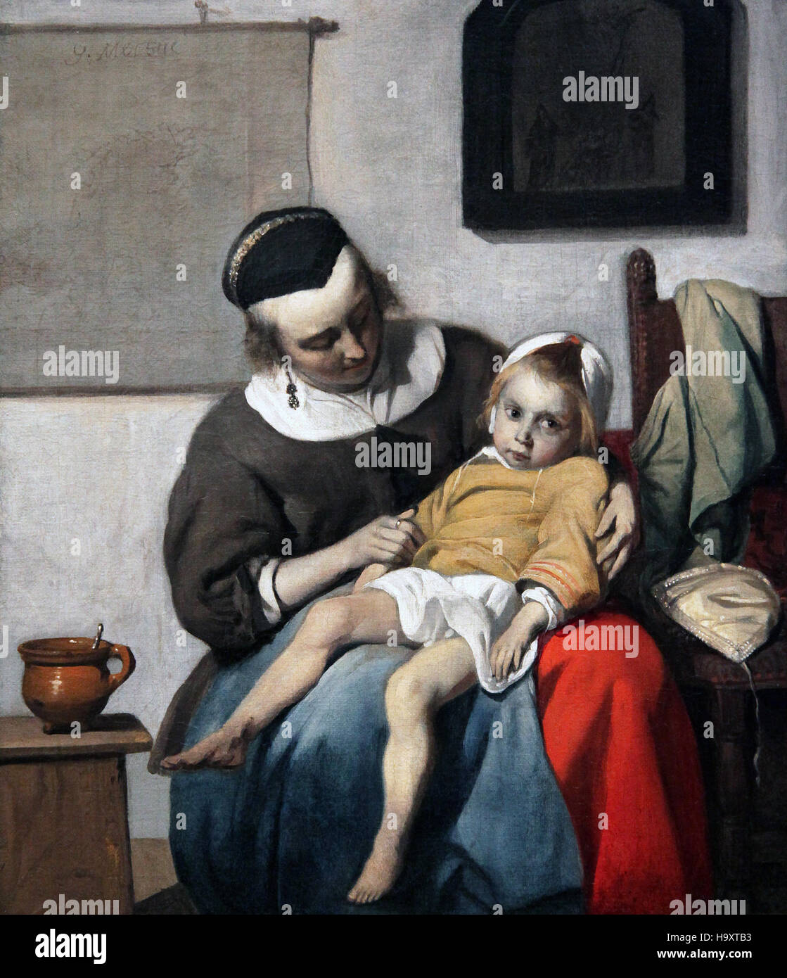 El niño enfermo 1663 por Gabriel Metsu 1629-1667 la plaga en Amsterdam en ese momento Foto de stock