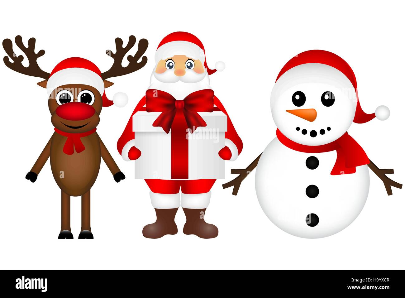 Santa Claus con muñeco de nieve y renos caricatura un regalo Imagen Vector  de stock - Alamy
