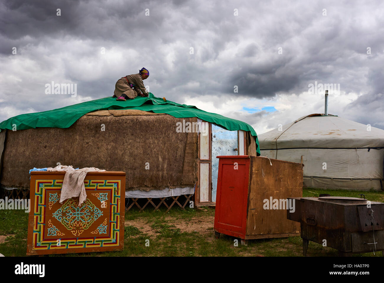 Mongolia, provincia Ovorkhangai, Orkhon Valley, campamento nómada migración, construcción de yurt Foto de stock