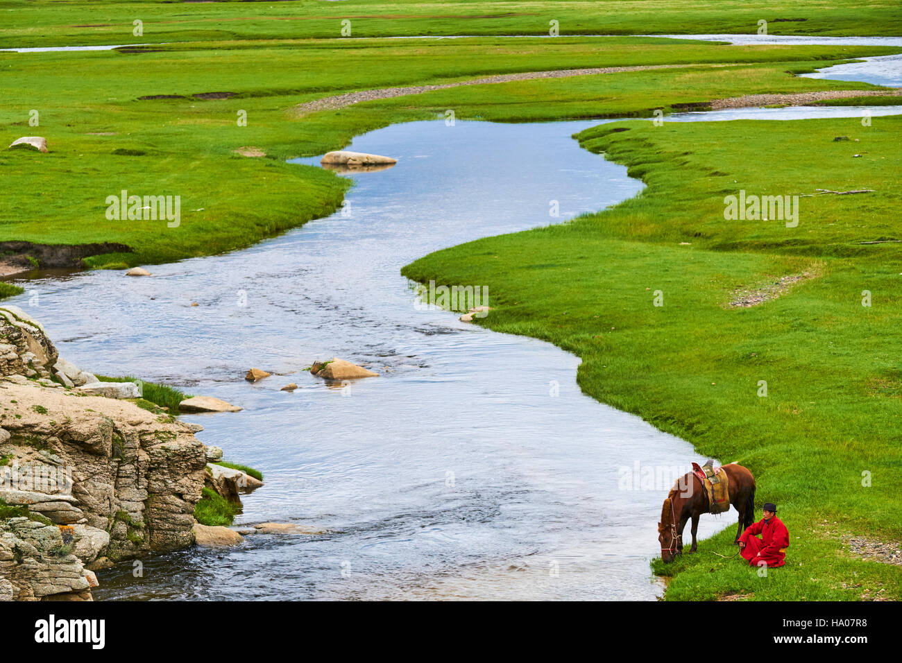 Mongolia, provincia Arkhangai, Mongol horserider en la estepa Foto de stock