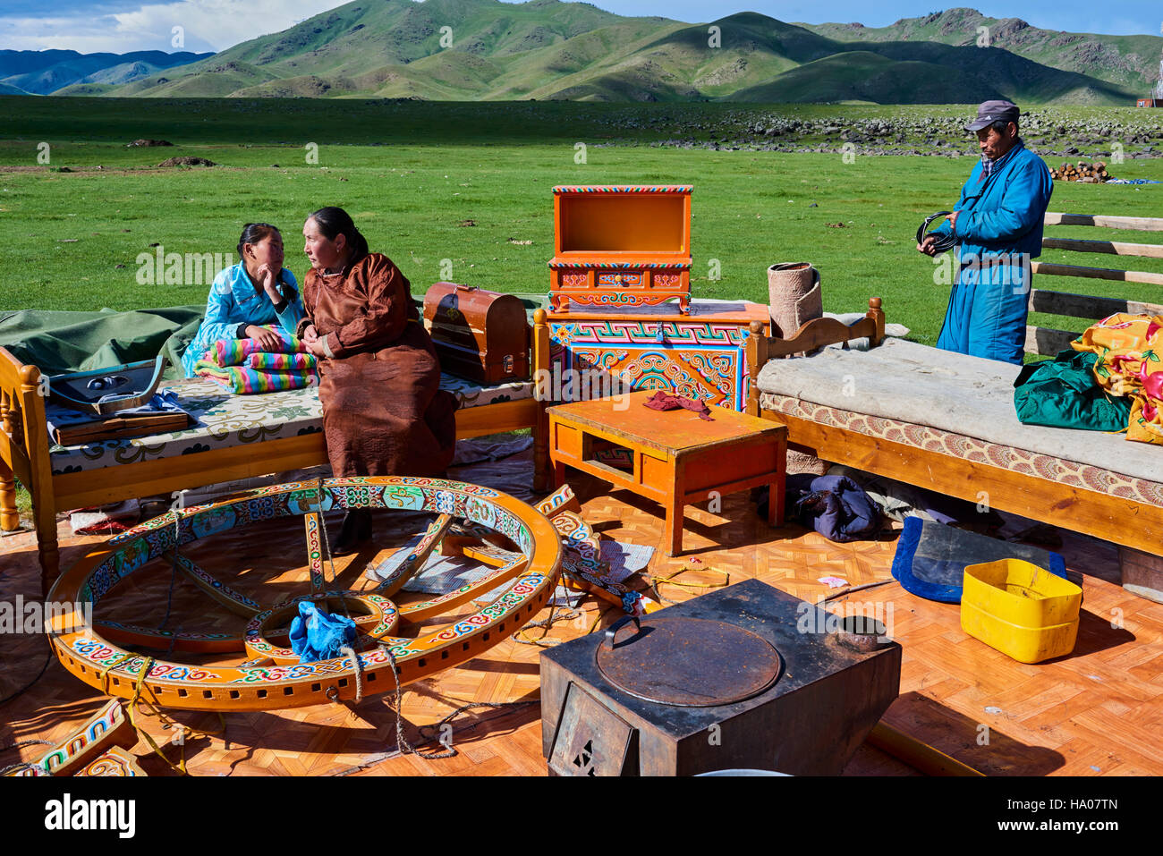 Mongolia, provincia, valle de Okhon Ovorkhangai, Campamento nómada en la migración Foto de stock