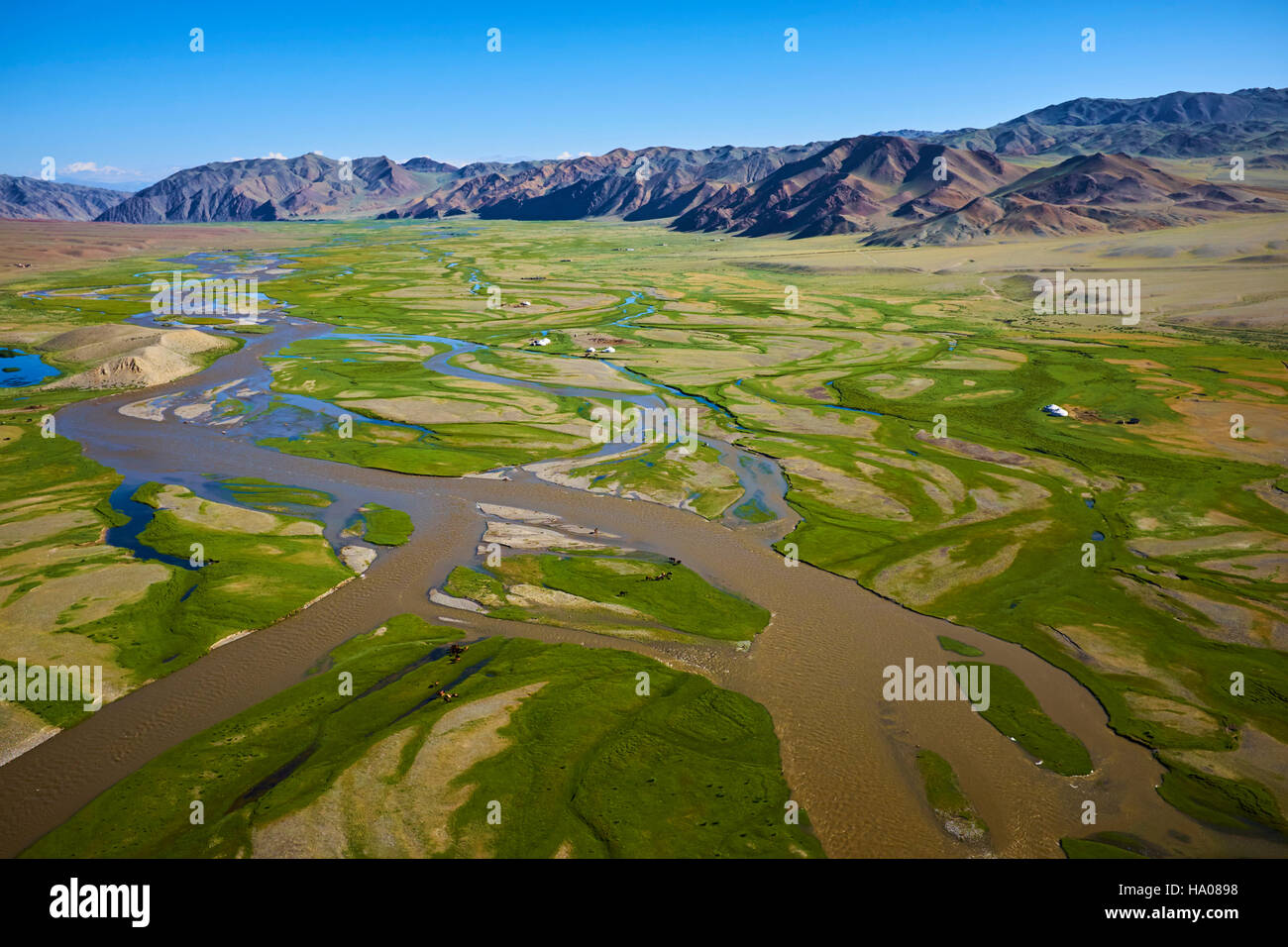 Mongolia, Bayan-Ulgii provincia, oeste de Mongolia, el delta del río Sagsay en las montañas de Altay Foto de stock