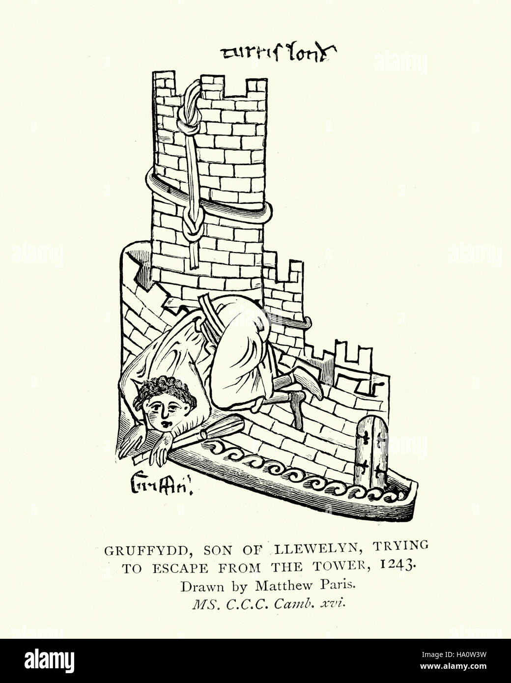 Gruffydd ap Llywelyn Fawr hijo de Llywelyn el grande intenta escapar de la Torre de Londres en 1243 Foto de stock