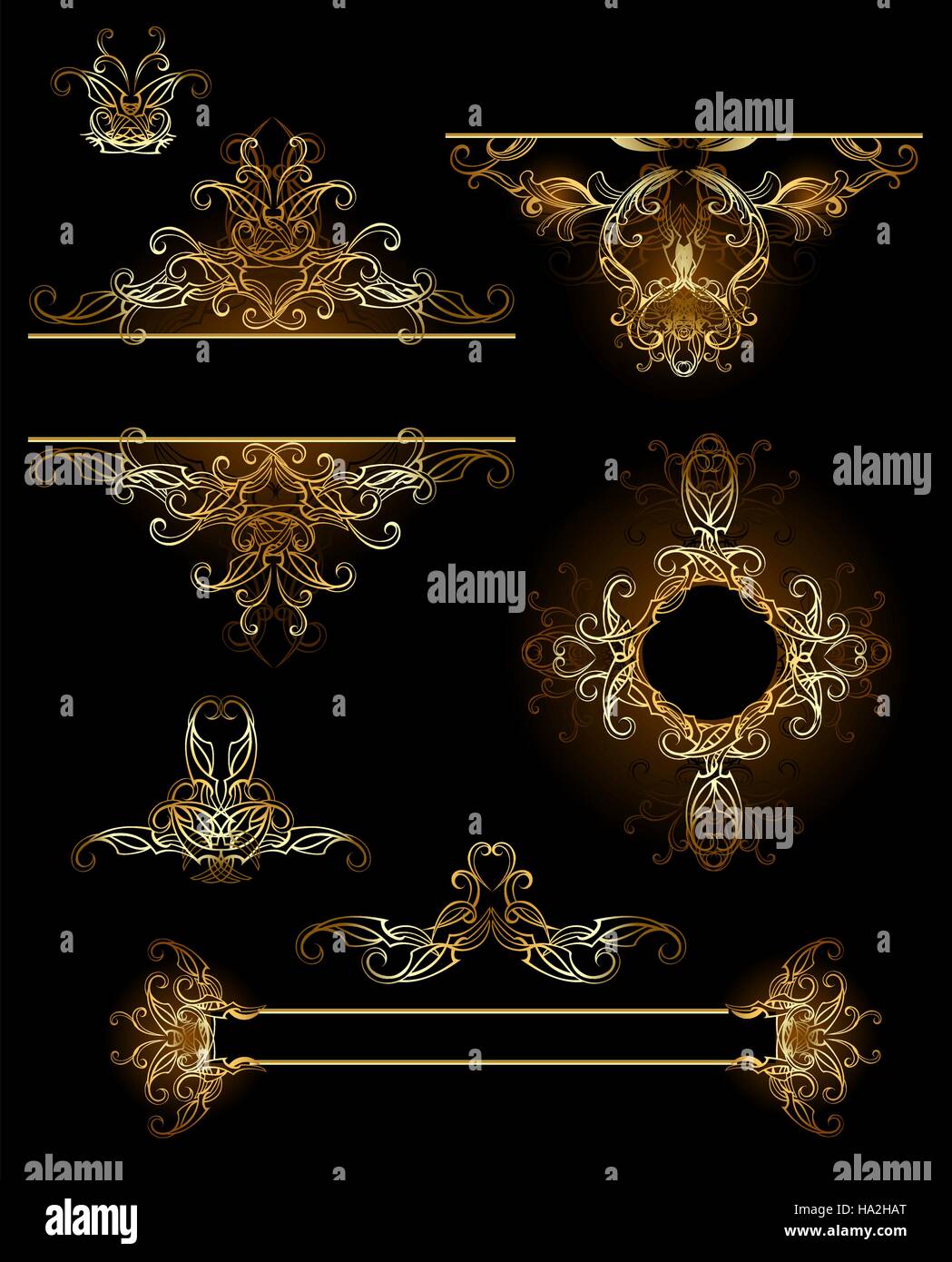 Oro, joyas, elementos de diseño vectorial sobre un fondo negro. Ilustración del Vector
