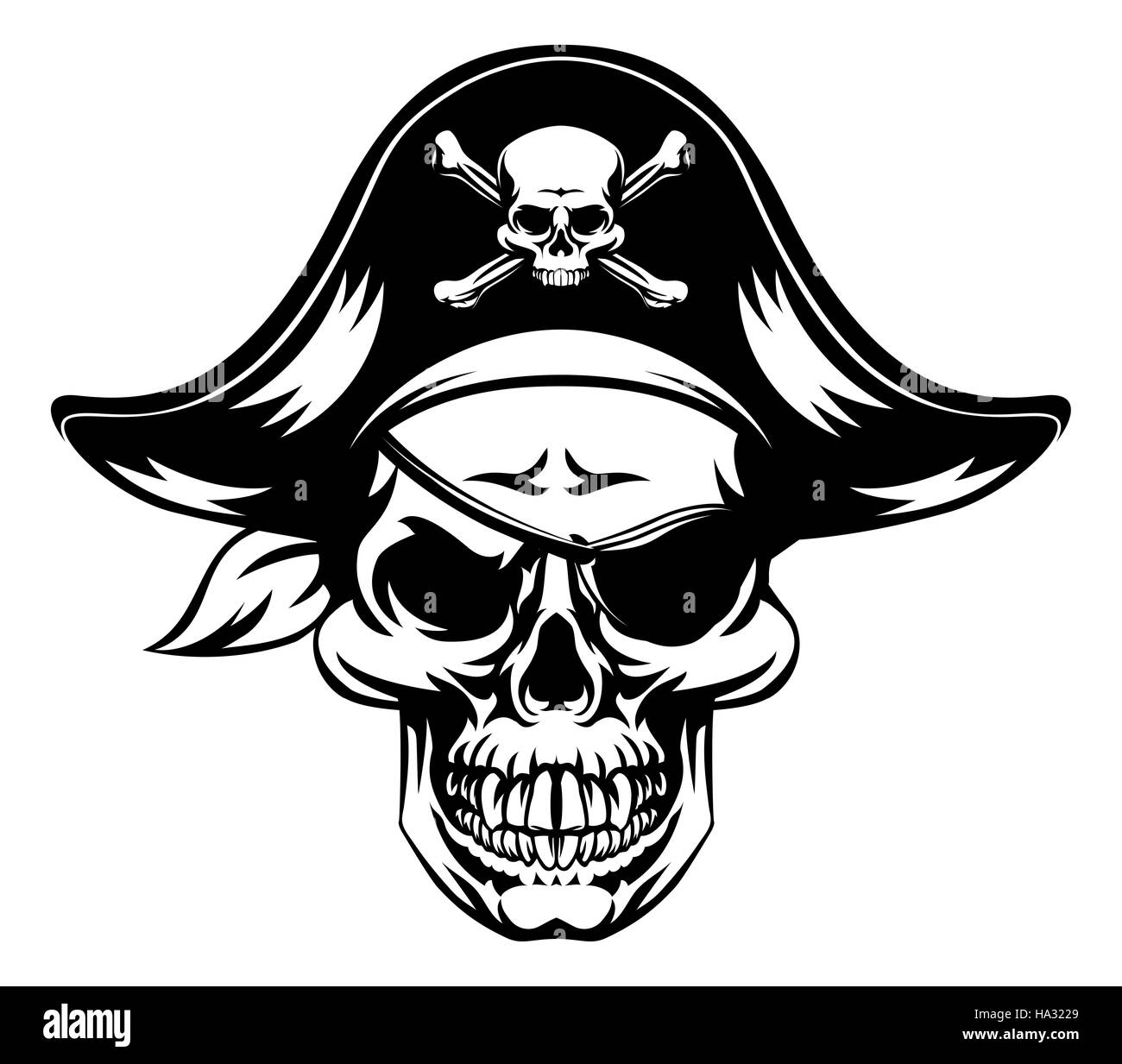 Una ilustración de una calavera pirata vistiendo un sombrero capitanes  pirata y un parche en el ojo con una calavera y huesos cruzados sobre ella  Fotografía de stock - Alamy