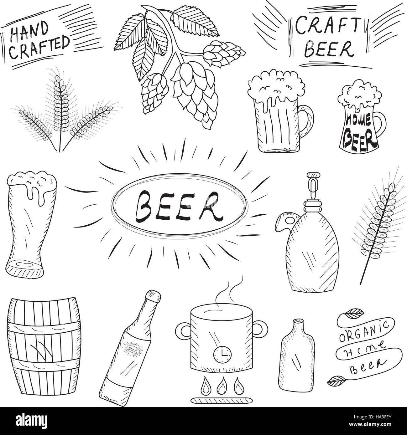 El conjunto de croquis dibujados a mano de cerveza y cervecería casera.  Home cerveza, cerveza artesanal. Ilustración vectorial Imagen Vector de  stock - Alamy