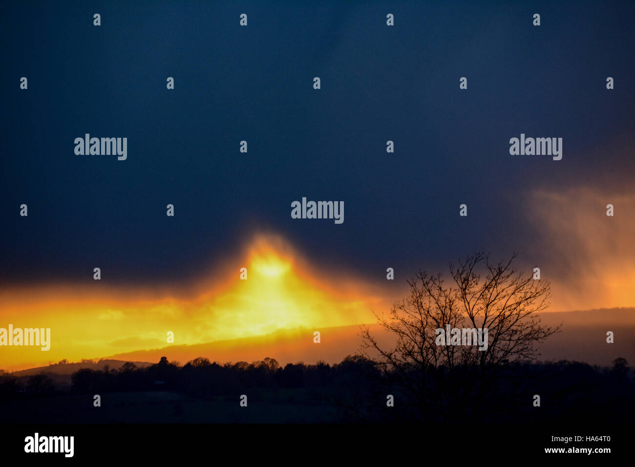 Cotswolds dramática escena de invierno con sunset resplandor sobre colinas y negro noche nubes de lluvia con un árbol silueteado Foto de stock