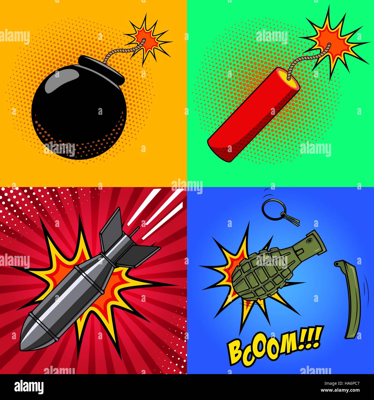 Explosão de quadrinhos, bombas e explosivos, bomba de fogo de desenhos  animados, estrondo e explosão. Estilo Pop art . imagem vetorial de kednert©  122138928