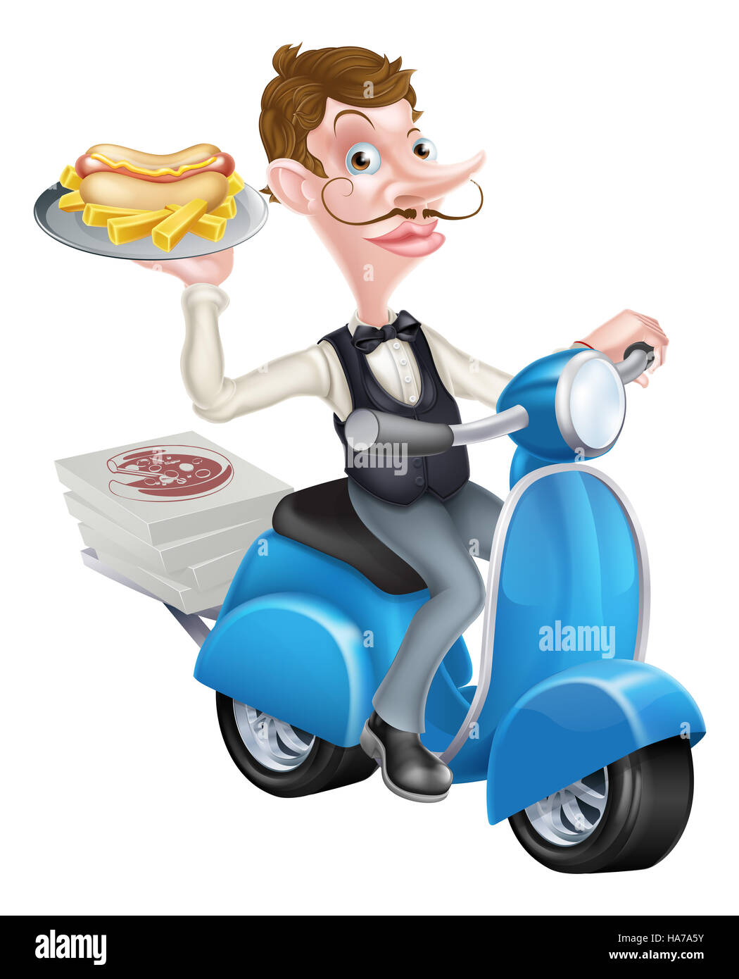 Cartoon camarero en scooter ciclomotor entregando Hotdog Foto de stock