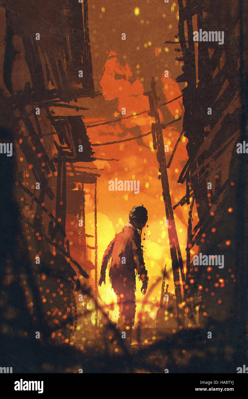Zombie mirando atrás con la quema de la ciudad,ilustración pintura de fondo Foto de stock