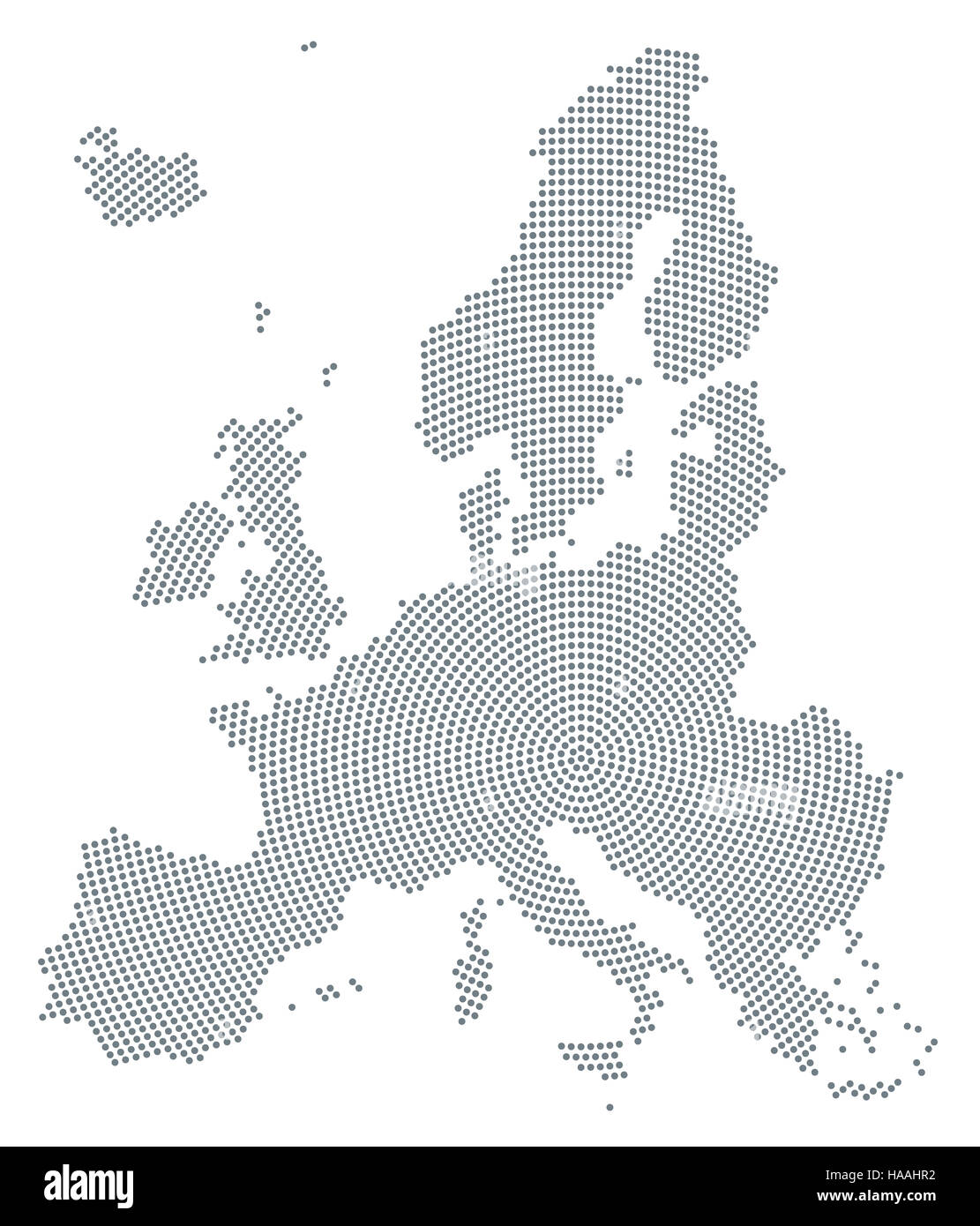 Mapa de Europa patrón de puntos radiales. Puntos grises que va desde el centro hacia afuera y forman la silueta de la Unión. Foto de stock