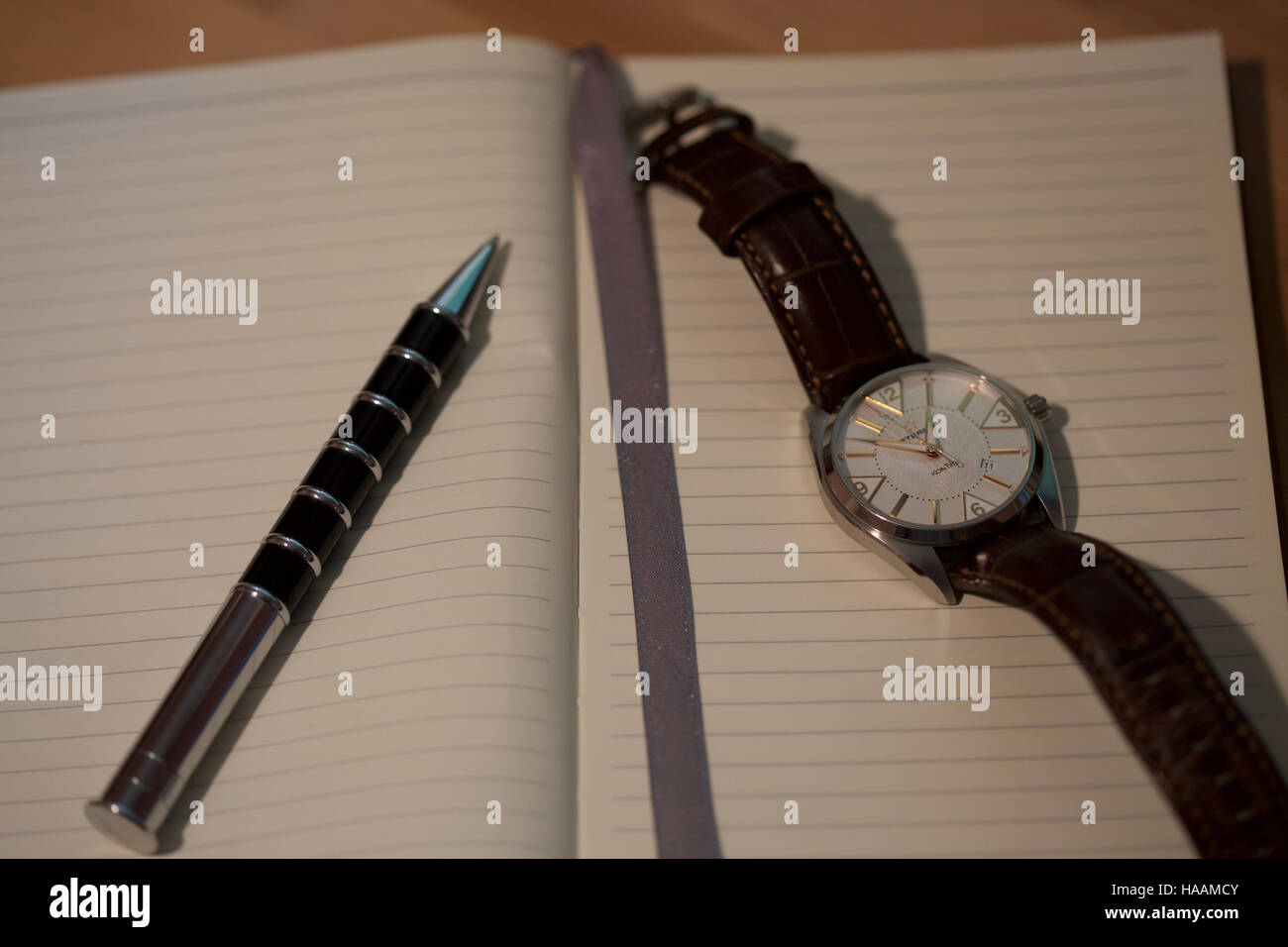 Limpiar la agenda con la pluma y el reloj de pulsera Foto de stock