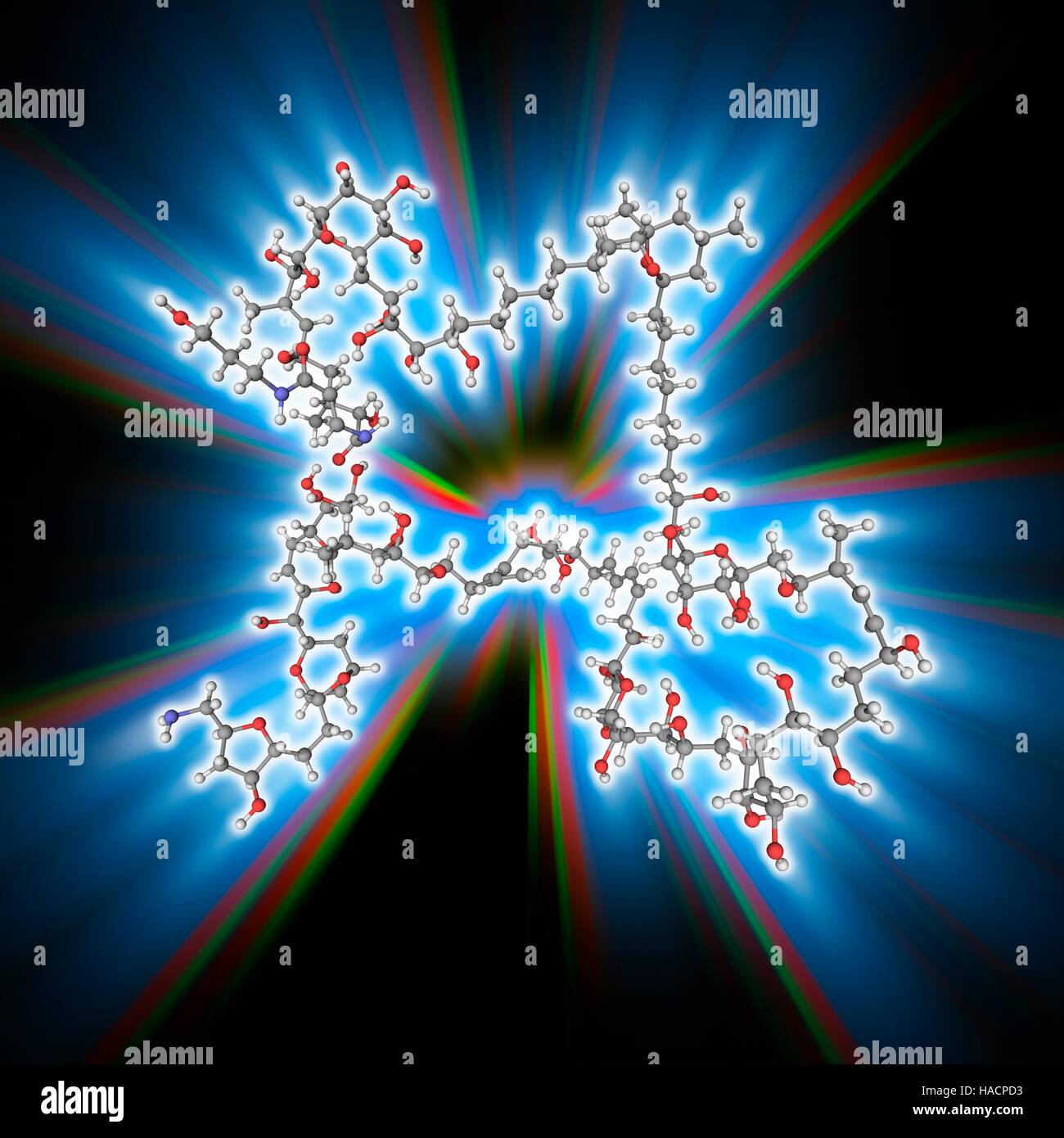 Palytoxin. Modelo molecular de la toxina palytoxin (C129.H223.N3.O54), producida por varias especies marinas. Es considerado uno de los más tóxicos sustancias no proteicas conocidas. Los átomos son representados como esferas y están codificados por color (gris): carbono, hidrógeno, nitrógeno (blanco) (azul) y oxígeno (rojo). Ilustración. Foto de stock