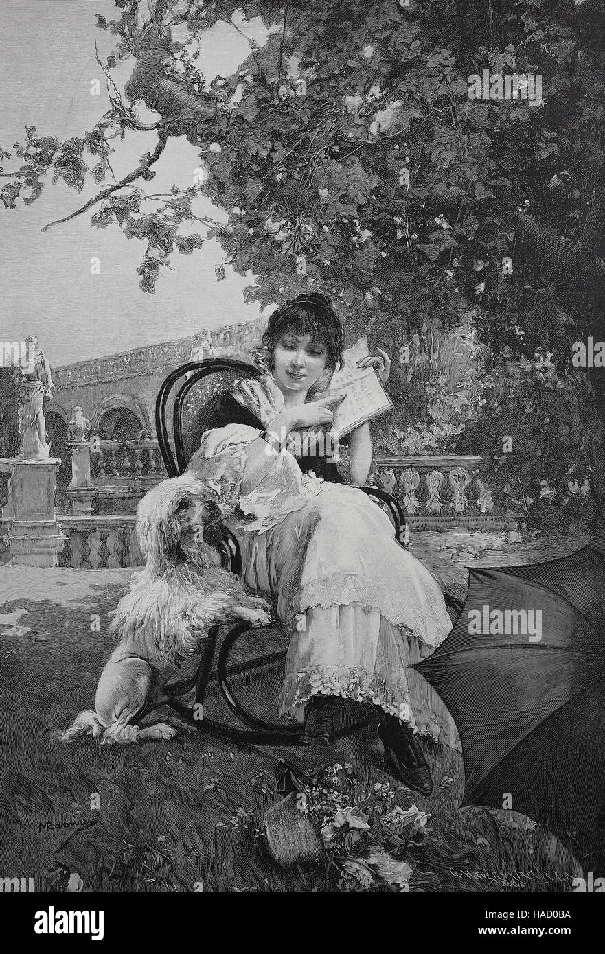 Mujer joven sentado en una silla tratando de enseñar a su perro la lectura, Ilustración publicada en 1880 Foto de stock