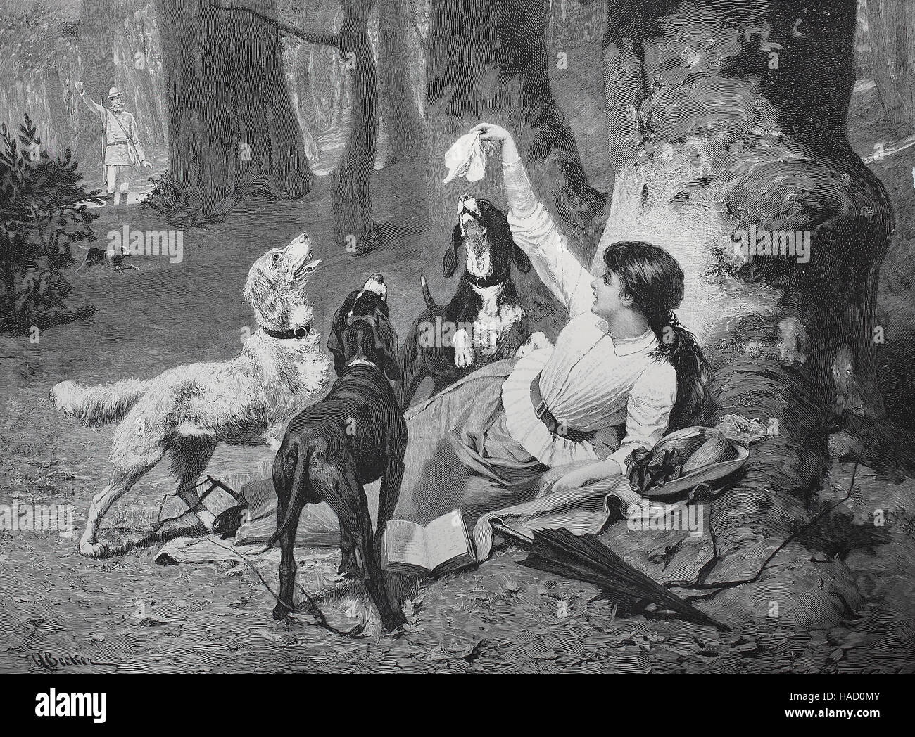 Perros de Caza han encontrado la chica desaparecida en el bosque, Ilustración publicada en 1880 Foto de stock