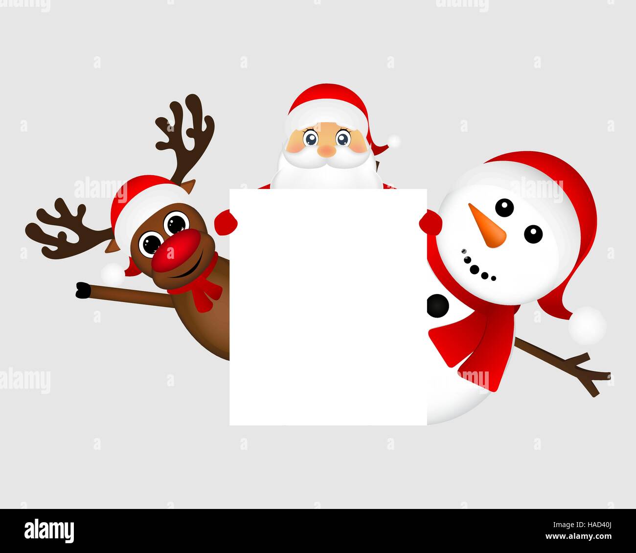 Santa Claus con muñeco de nieve y renos asoma desde detrás de un gran  cartel blanco Imagen Vector de stock - Alamy