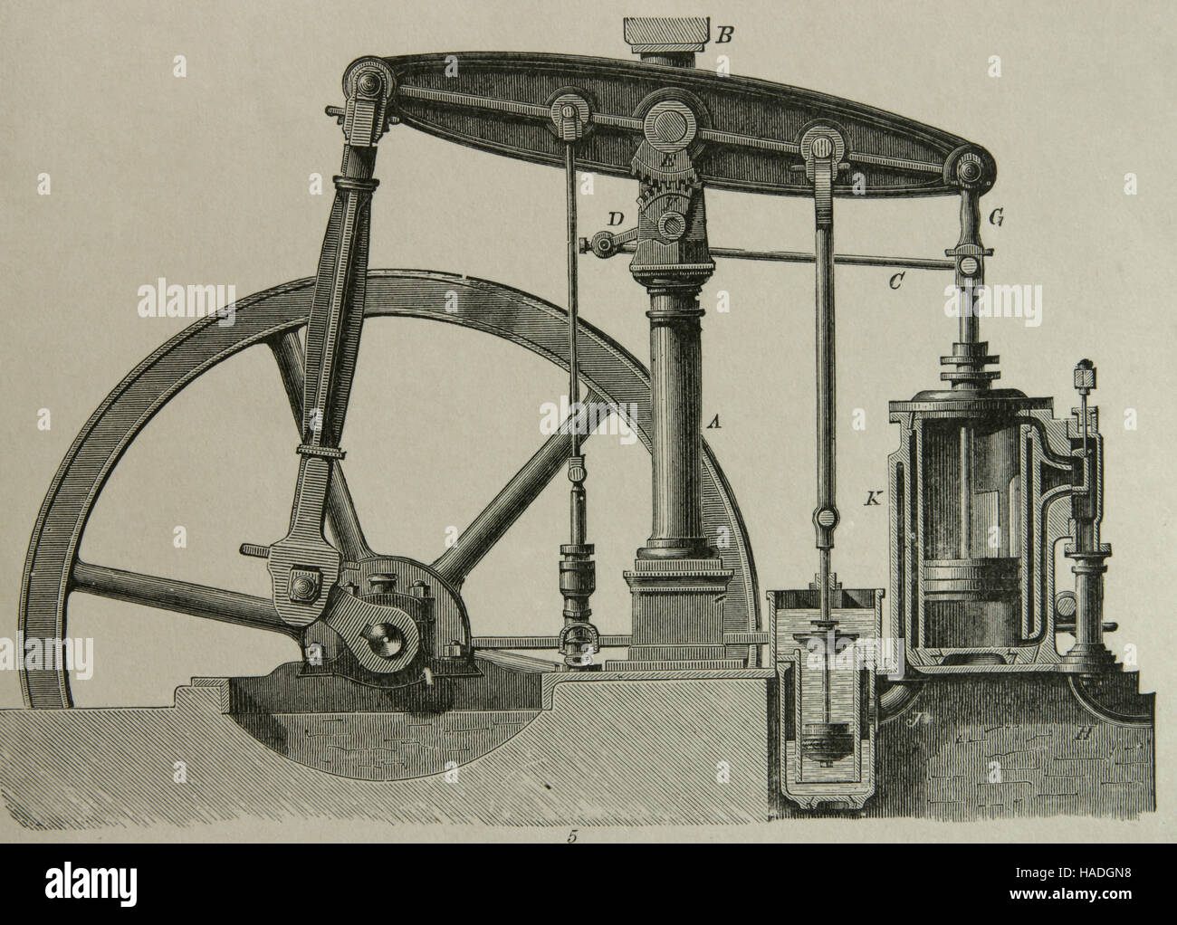 Antigua máquina de vapor. Grabado del siglo XIX. Foto de stock