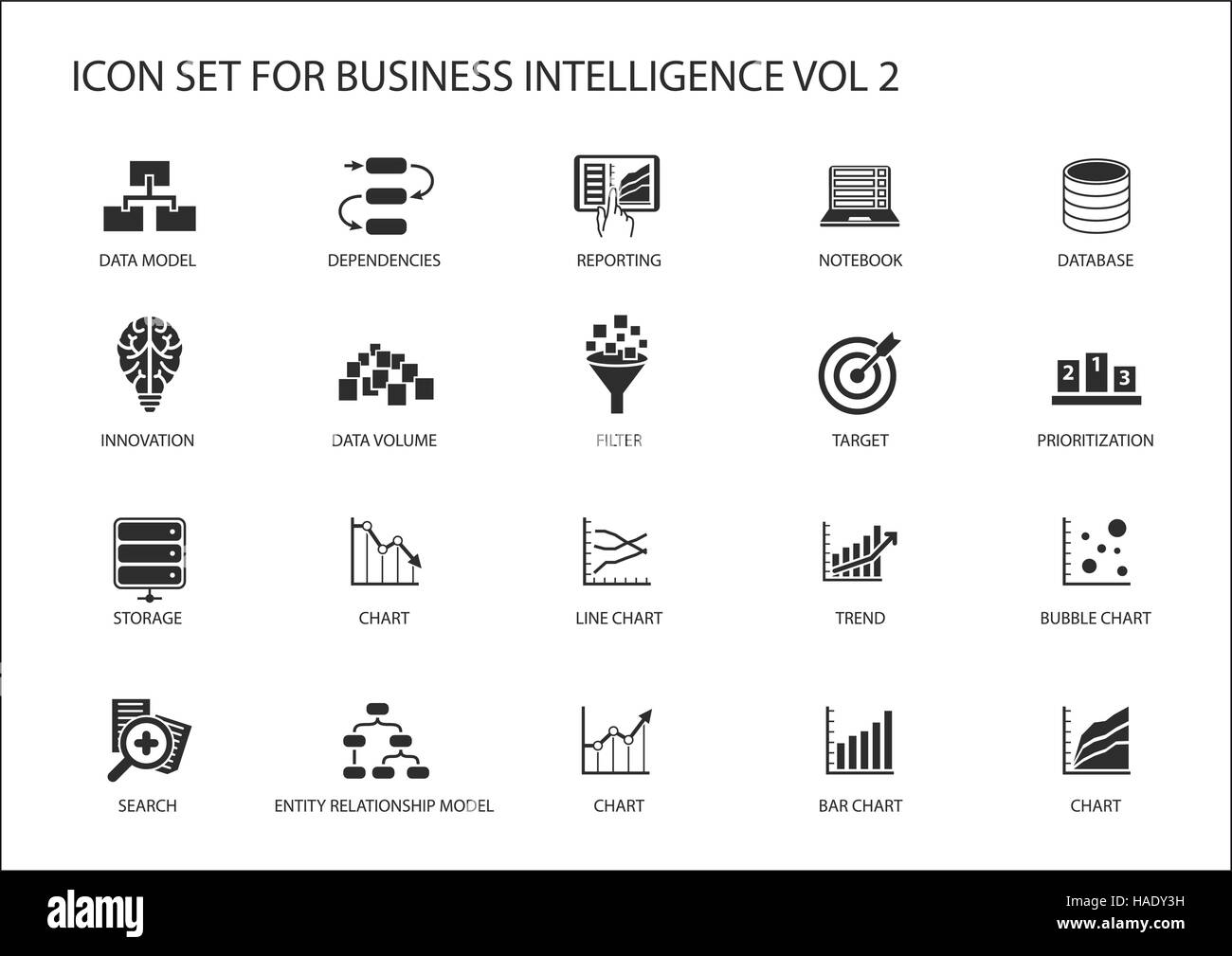 Business Intelligence (BI) vector conjunto de iconos Imagen Vector de