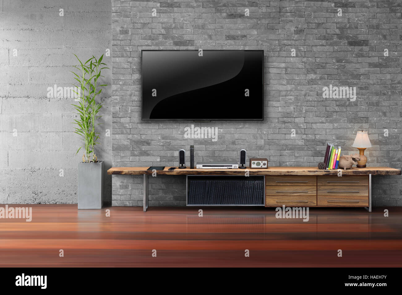 Smart tv montado colgado en la pared de paneles de madera en la sala de  estar en el interior moderno 3d render ilustración
