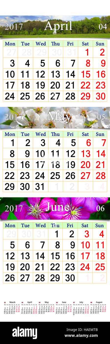 Calendario de pared para tres meses de abril, mayo y junio de 2017 con imágenes de la naturaleza. Calendario de pared para el segundo trimestre de 2017 Foto de stock