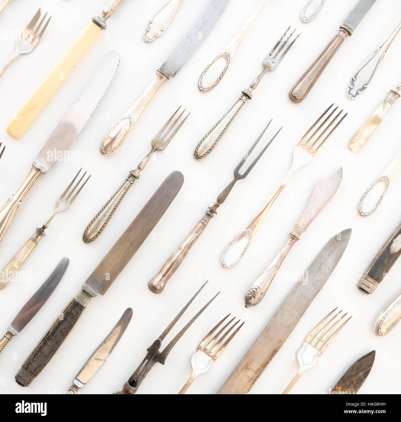 Cuchillo y tenedor patrón - vintage Hermoso vajilla, cubertería de plata Foto de stock