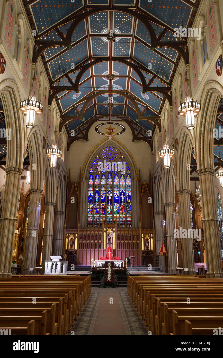Amplia vista de la renovada catedral St Michael's de Toronto, con bancas y techos Foto de stock