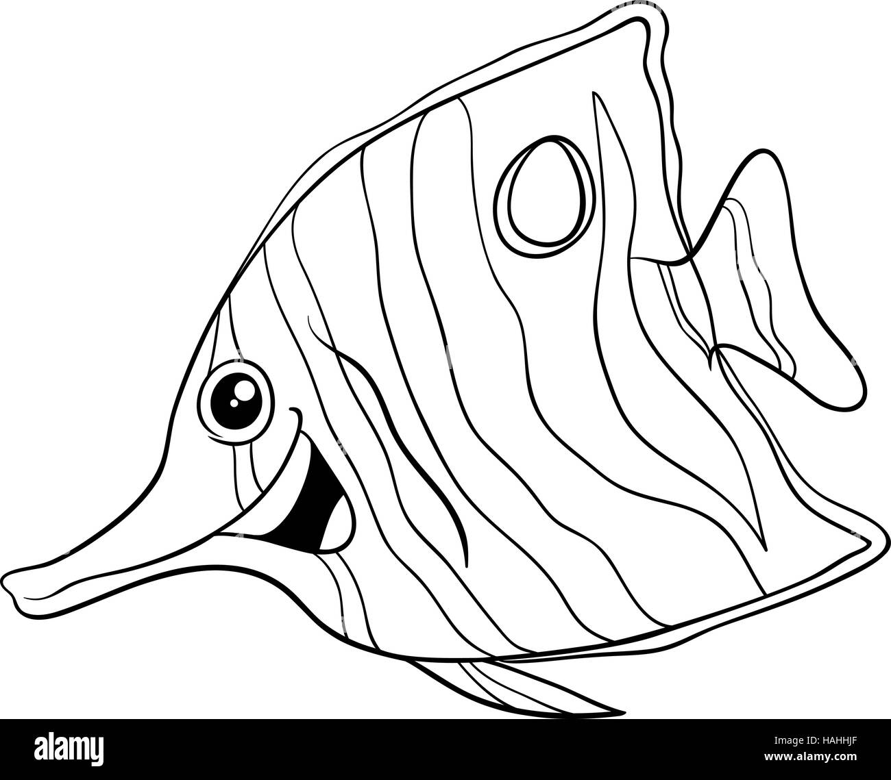 Ilustración caricatura en blanco y negro de Sixspine o peces mariposa exótica vida marina de carácter Animal Página para colorear Ilustración del Vector